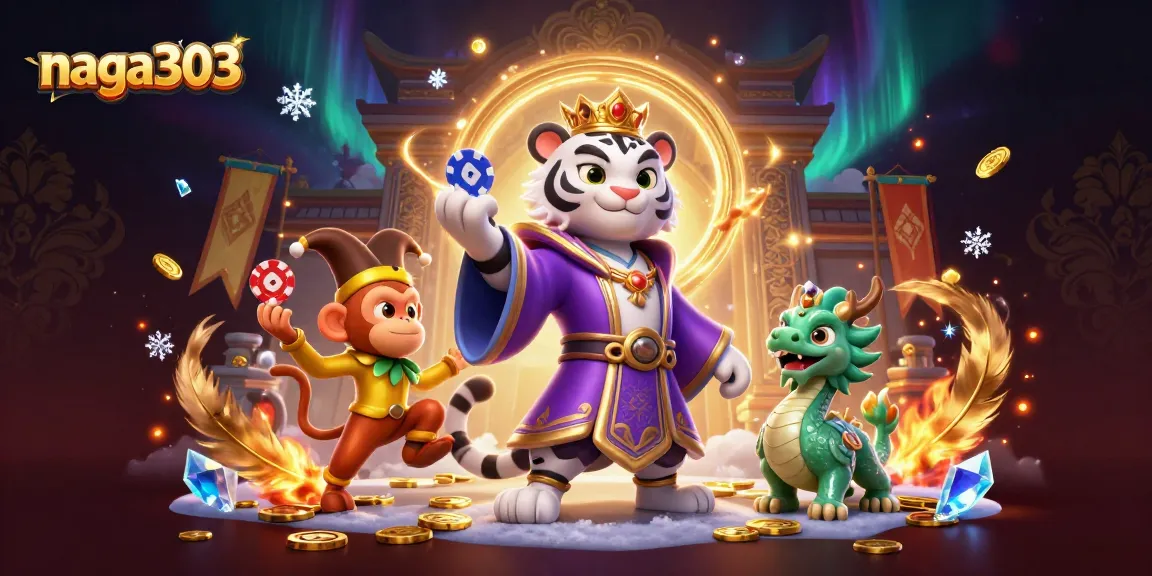 Naga303 brings excitement with a vibrant 3D casino scene featuring a majestic white tiger, playful monkey, and jade dragon.