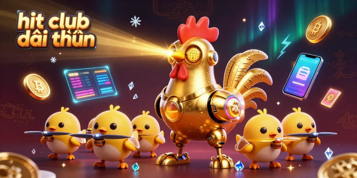 Engage in hit club đổi thưởng with a dynamic scene of golden rooster robot and baby chick drones amidst crypto elements.