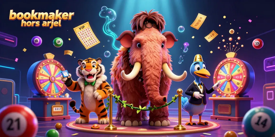 Pariez avec bookmaker hors ARJEL, une scène animée de mascottes de casino dynamiques et éléments de loterie.