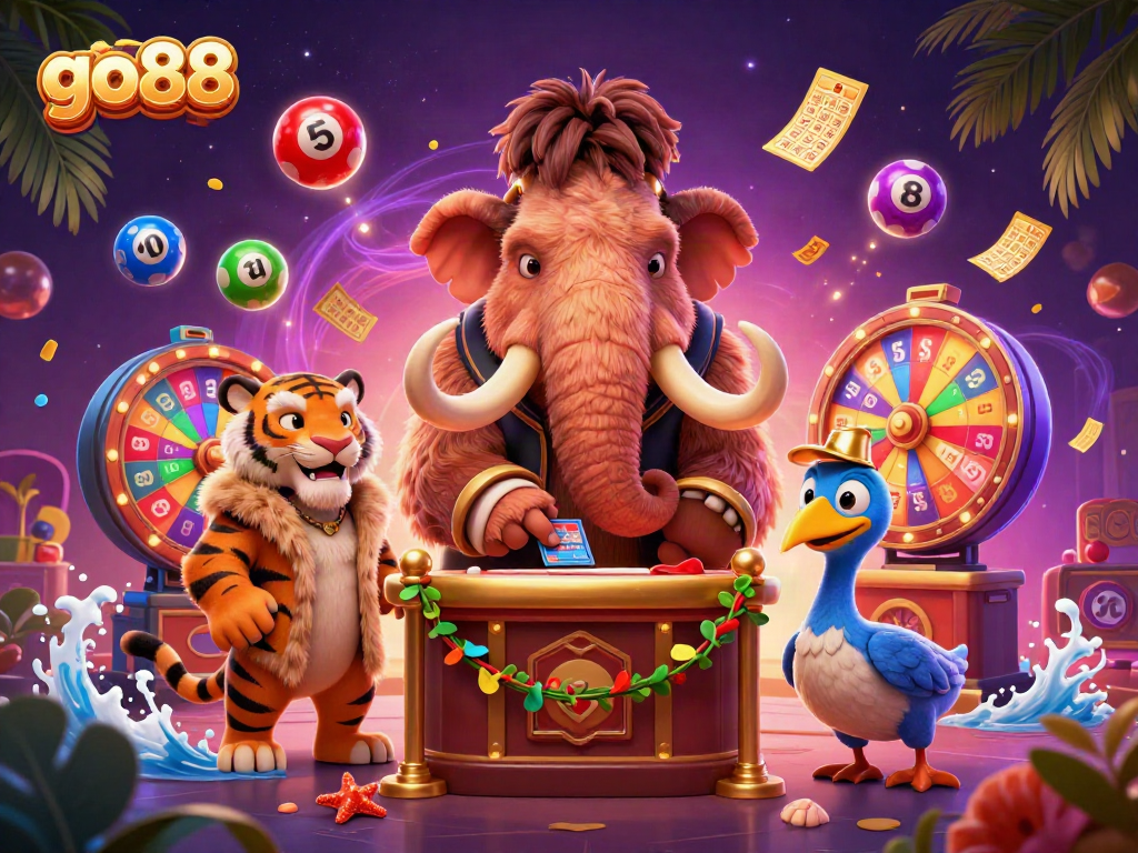 Win with go88 while a woolly mammoth checks IDs at a vibrant casino scene.