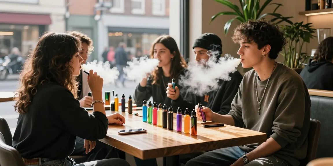 Vape lifestyle scene capturing youthful energy at 蒸氣天堂, friends enjoying vaping in an urban café