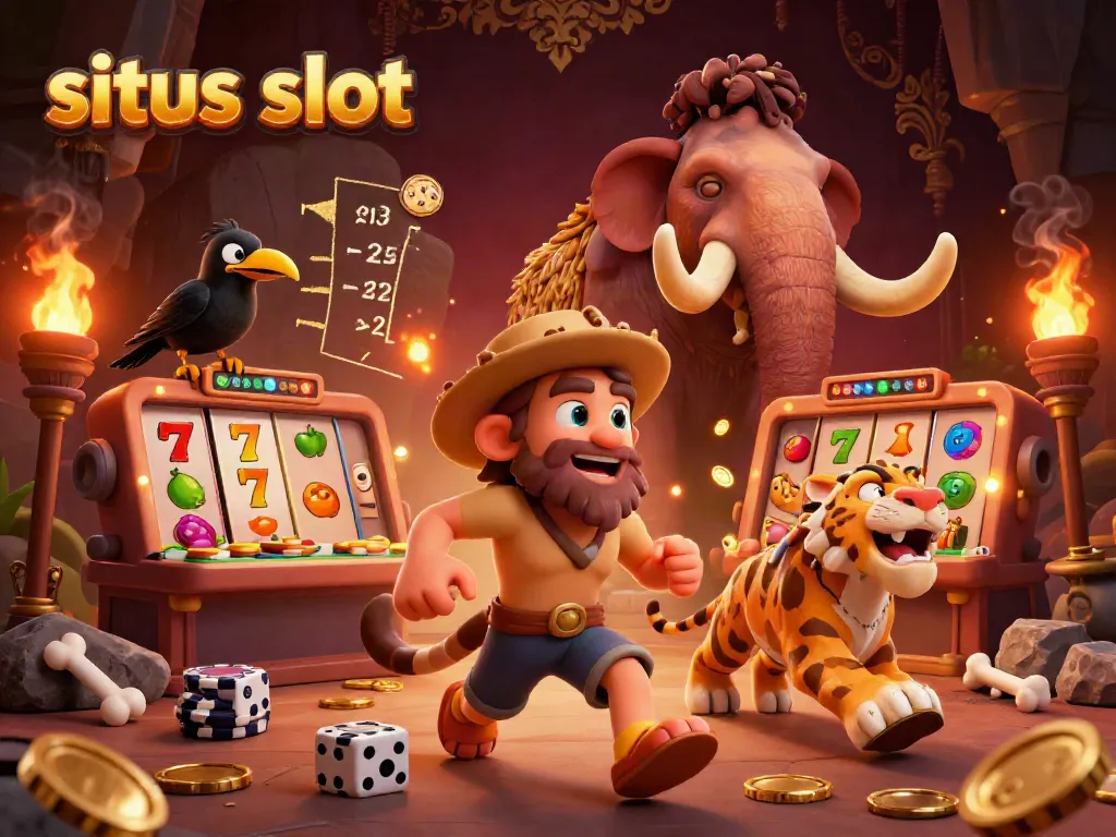 Experience a bustling prehistoric casino in our ultra-detailed illustration featuring situs slot elements.