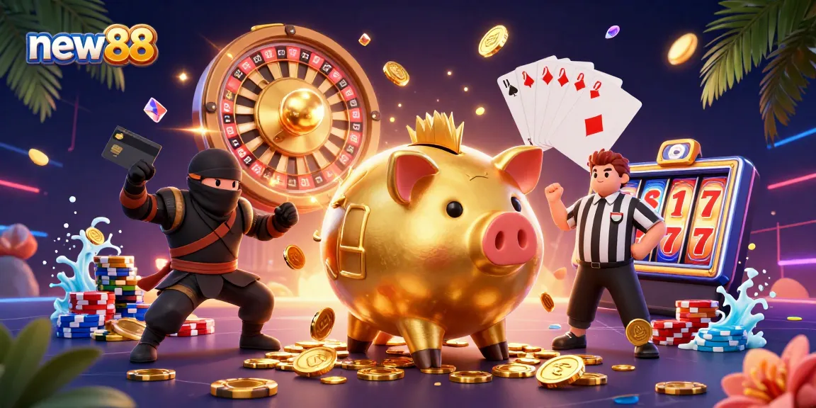 Experience exhilarating gameplay at new88 with vibrant casino elements, featuring delightful golden piggy banks and dynamic gaming visuals.