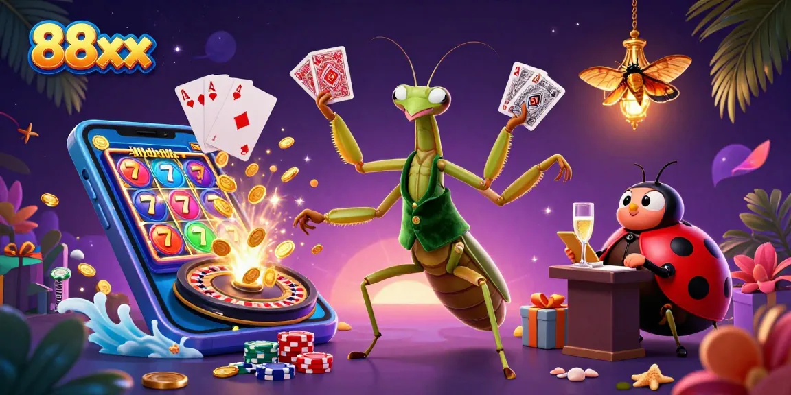 Engage in thrilling action with 88xx, featuring a giant mantis card sharp, ladybug pit boss, and vibrant casino visuals.