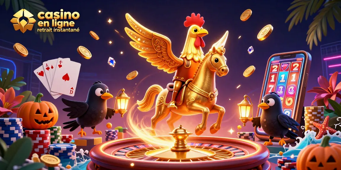 Jouez au casino en ligne retrait instantané avec un rooster doré et des éléments de jeu captivants.