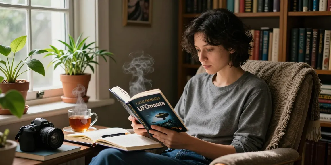 Engaged reader at a cozy nook with T Allen Greenfield's UFOnauts from https://tallengreenfield.com, illuminated by soft natural light.