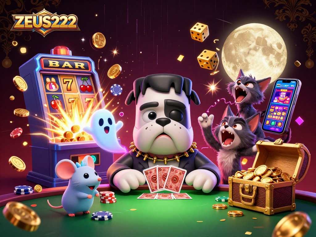 Experience thrilling gameplay with ZEUS222 at the vibrant casino table surrounded by a charming 3D monster scene.