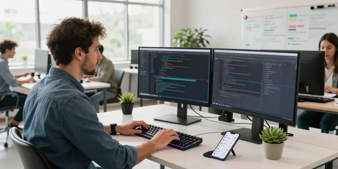 Developer working on NAGA2000 software project in a modern office environment.