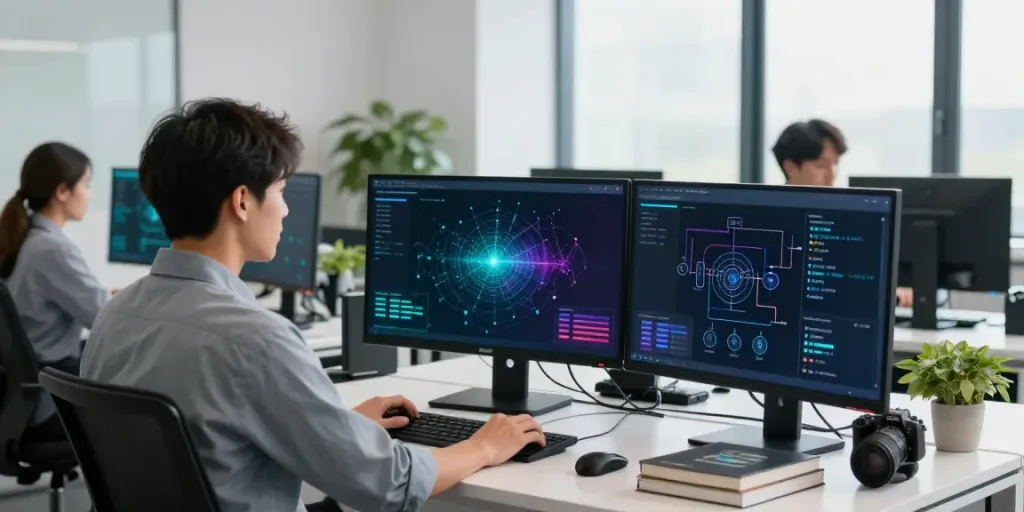 Healthcare cybersecurity analyst monitoring network threats with multiple screens in a modern office.