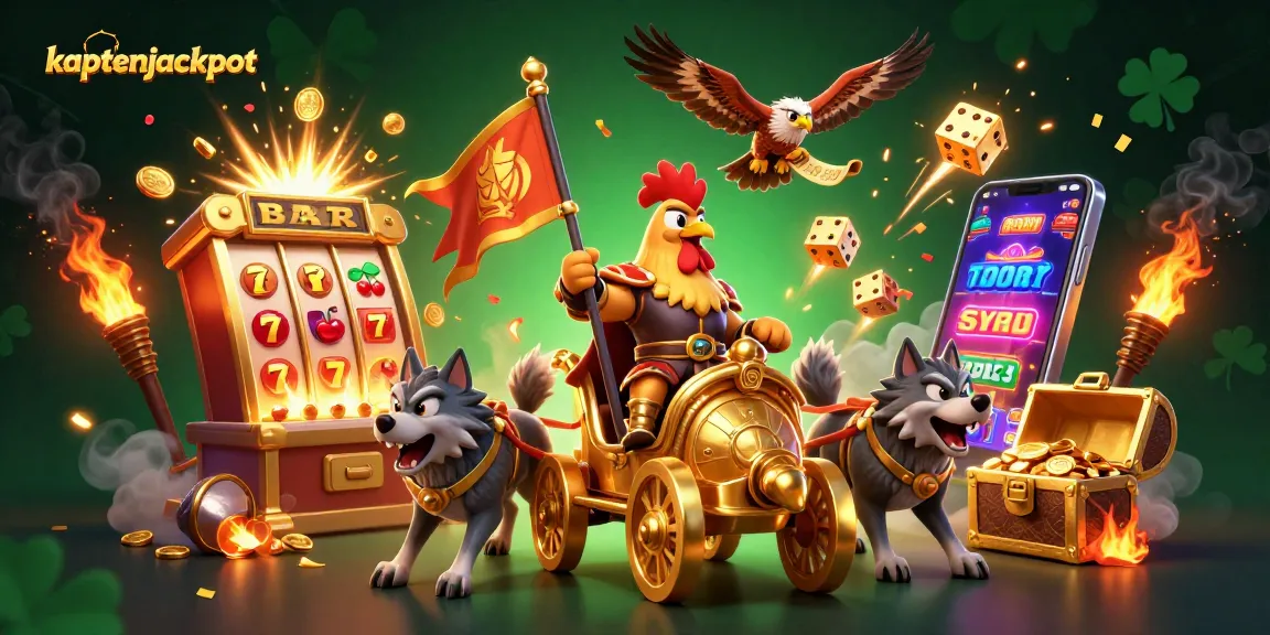Experience the thrill of kaptenjackpot with an epic 3D scene of a rooster warlord and riches!