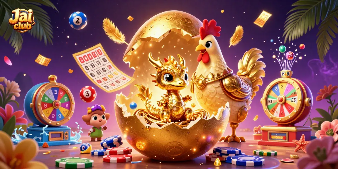 Engage with Jai club's top games featuring vibrant colors, dynamic elements, and golden rewards in a captivating 3D illustration.