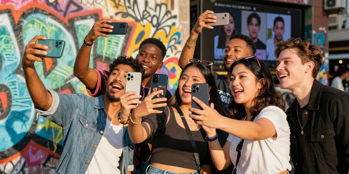 Crowd enjoying discovering which celebrities look alike to them in a colorful urban setting