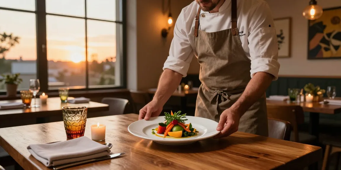 A beautifully plated dish on a wooden table in a warm restaurant, showcasing the inviting atmosphere of cuisines-a-flo.com.