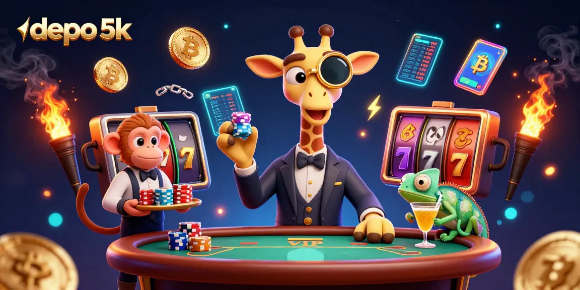 Spin and win with depo 5k at a vibrant casino scene featuring lively characters and slot elements.