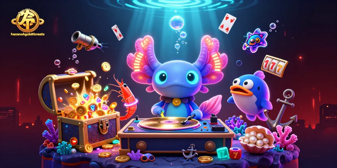 Memilih permainan slot di hasanahgoldthreads dengan ilustrasi DJ axolotl dan harta bawah laut yang berwarna-warni.