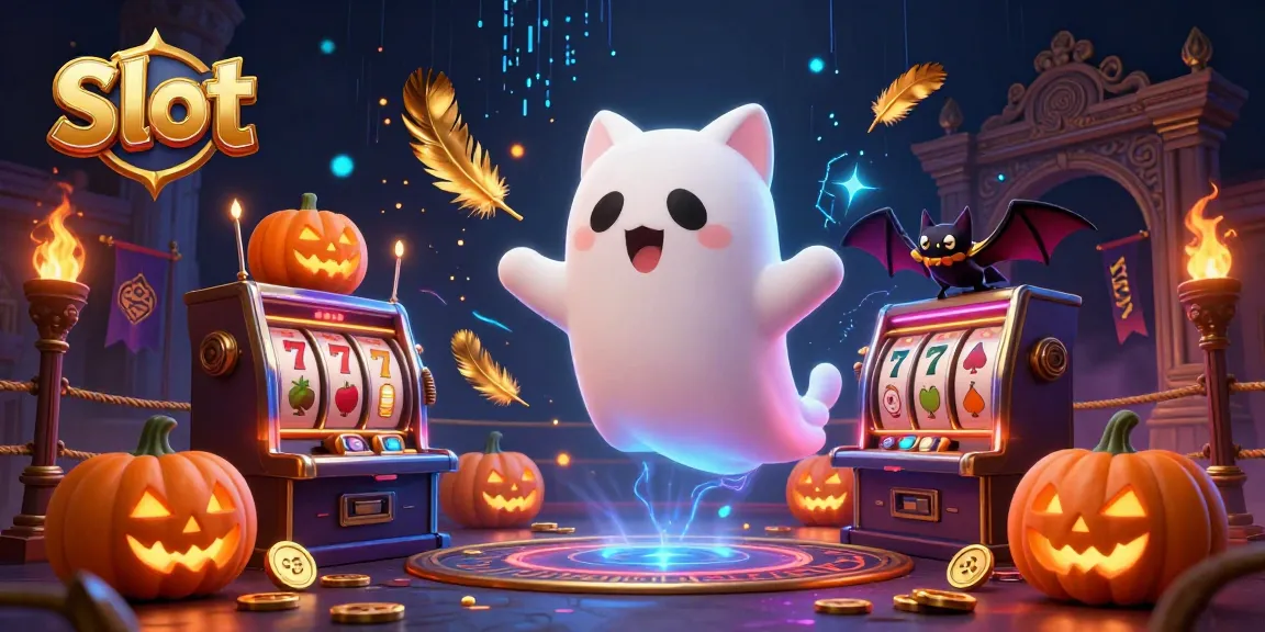 Spin the slot with a friendly ghost cat and bat in a haunted casino, filled with vibrant gaming elements.