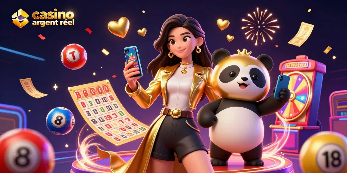 Engagez-vous avec la dynamique scène des casinos en ligne argent réel mettant en vedette une femme asiatique pleine d'entrain et une mascotte panda espiègle au milieu d'éléments de loterie et de visue
