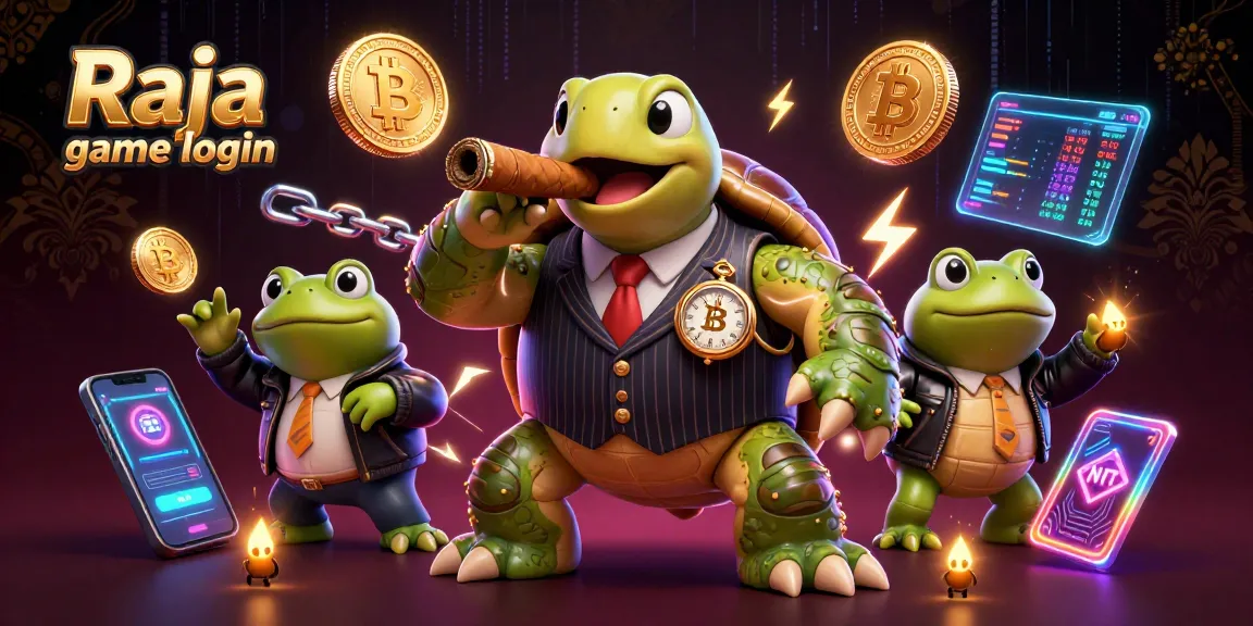 Experience Raja game login with a vibrant 3D illustration featuring a turtle mobster and bullfrog enforcers.