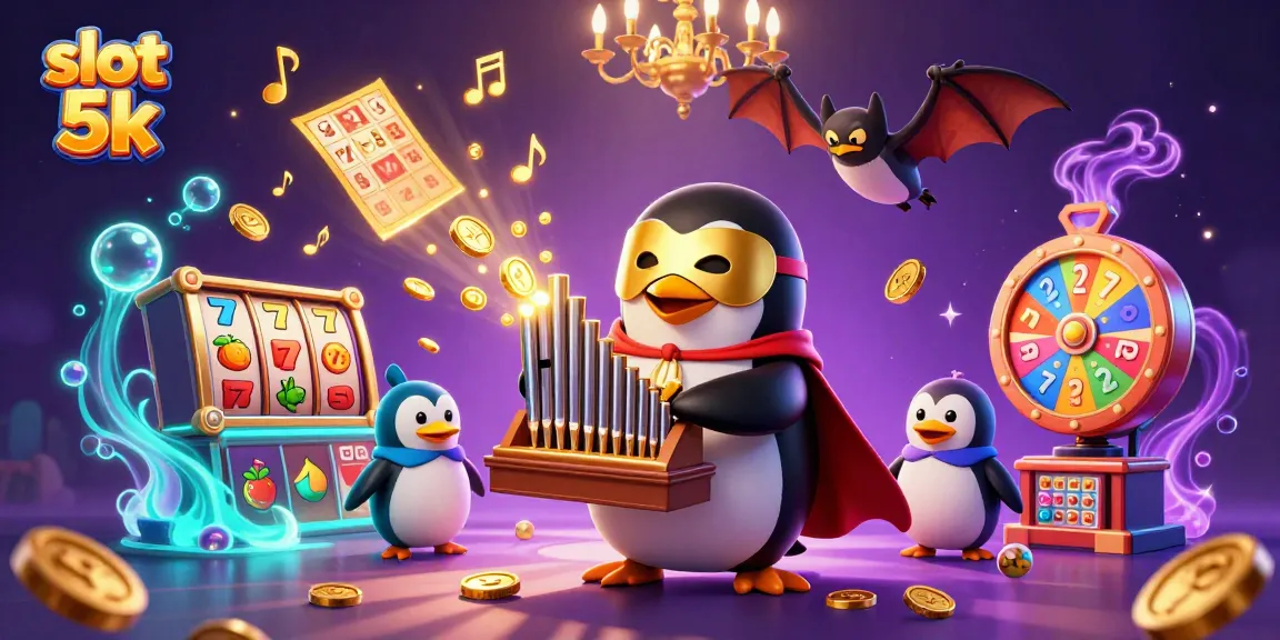 Experience excitement with slot 5k, featuring a colorful penguin organist releasing coins, lucky 7s, and vibrant game elements.