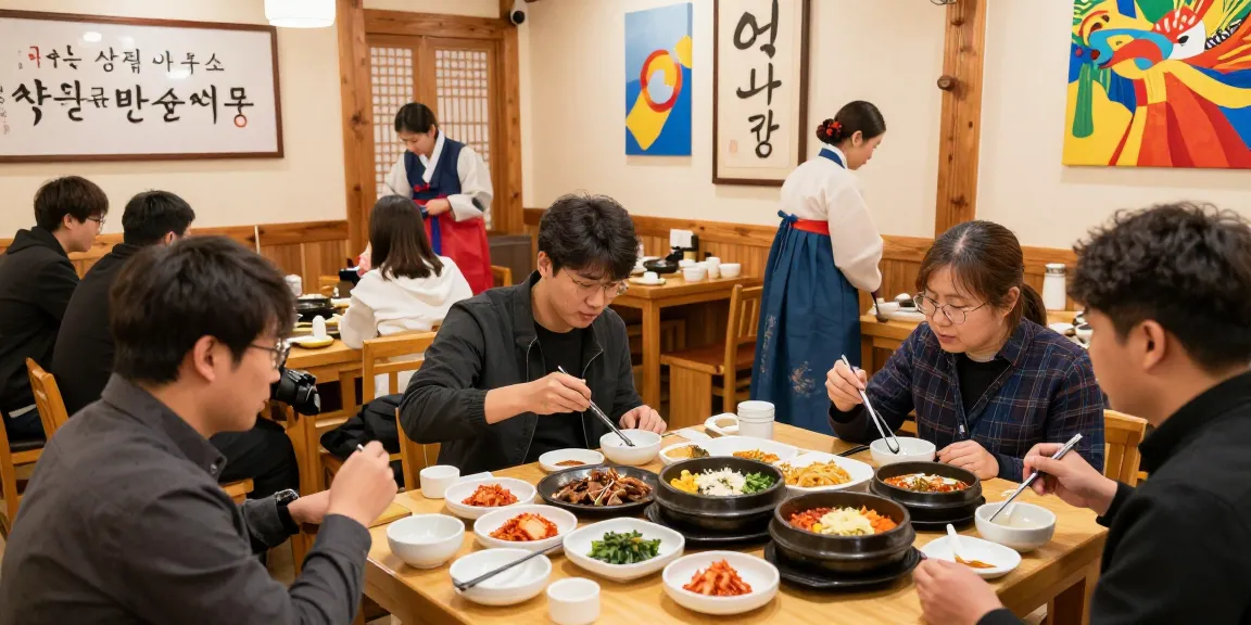 Customers enjoying a communal meal at 상봉동 한국관 with traditional dishes displayed.