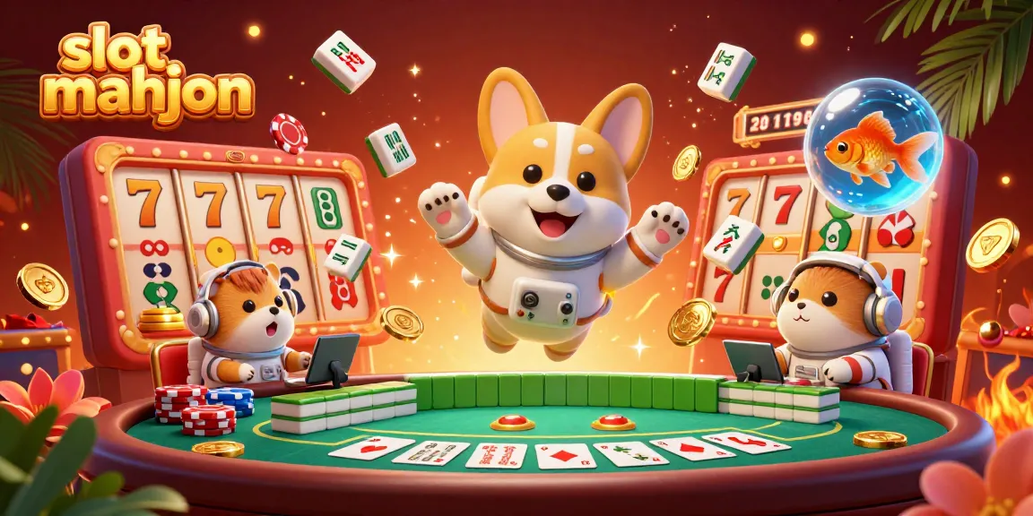Experience the thrill of slot mahjong with a colorful 3D illustration featuring a playful corgi in a casino.