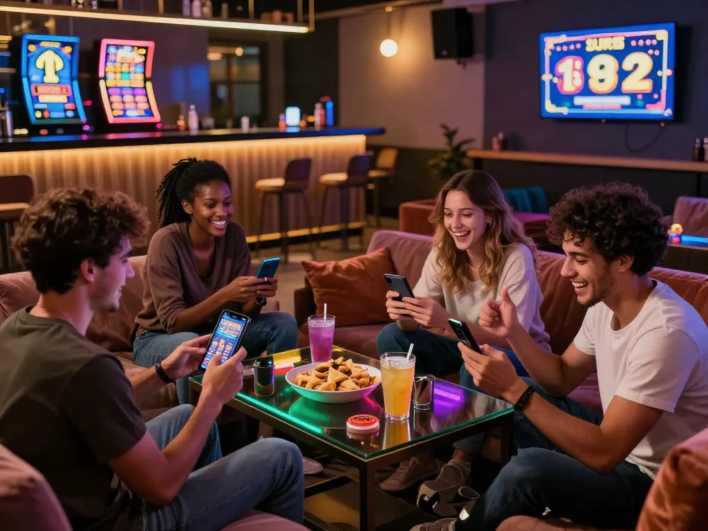 Friends enjoying luxury12 slots in a relaxing lounge with vibrant lights.