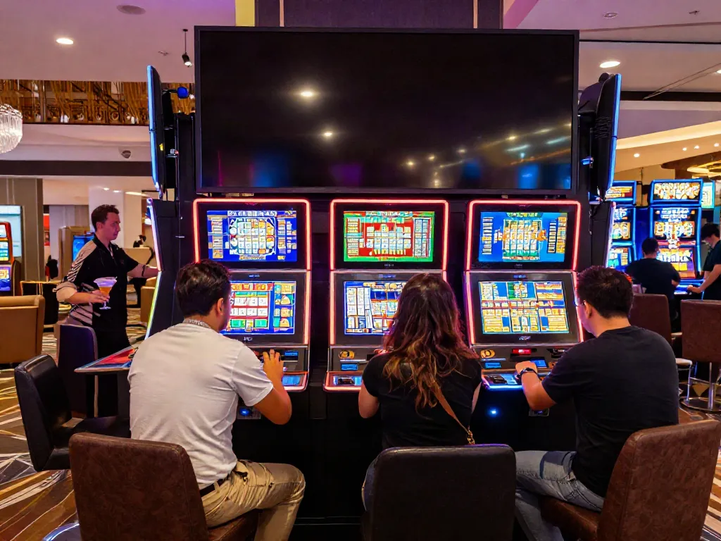 Engaged players at a vibrant casino playing rokok88 slot games, colorful lights creating an exciting atmosphere.