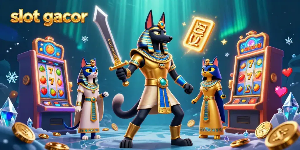 Witness the excitement of slot gacor with enchanting characters and vibrant slot machines in a mystical setting.