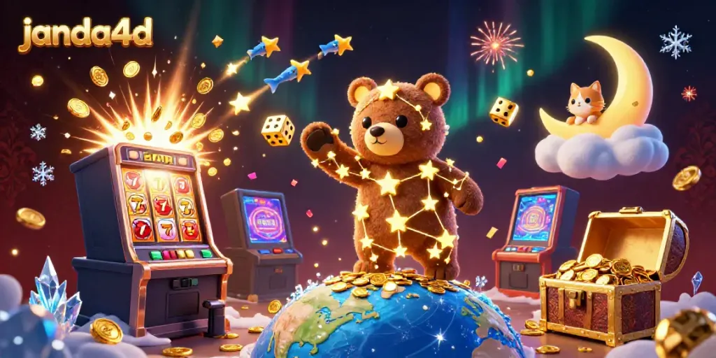 Permainan slot JANDA4D yang menarik dengan karakter kartun dan aset kasino digital yang penuh warna