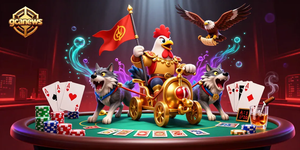 gcanews showcases a dynamic casino scene with a rooster warlord, poker elements, and vibrant 3D effects.