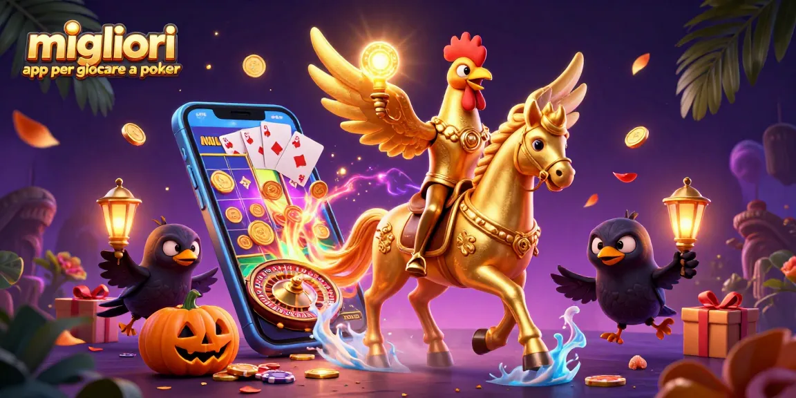 Migliori app per giocare a poker, illustrando un gallo d'oro in un casinò con smartphone e gettoni