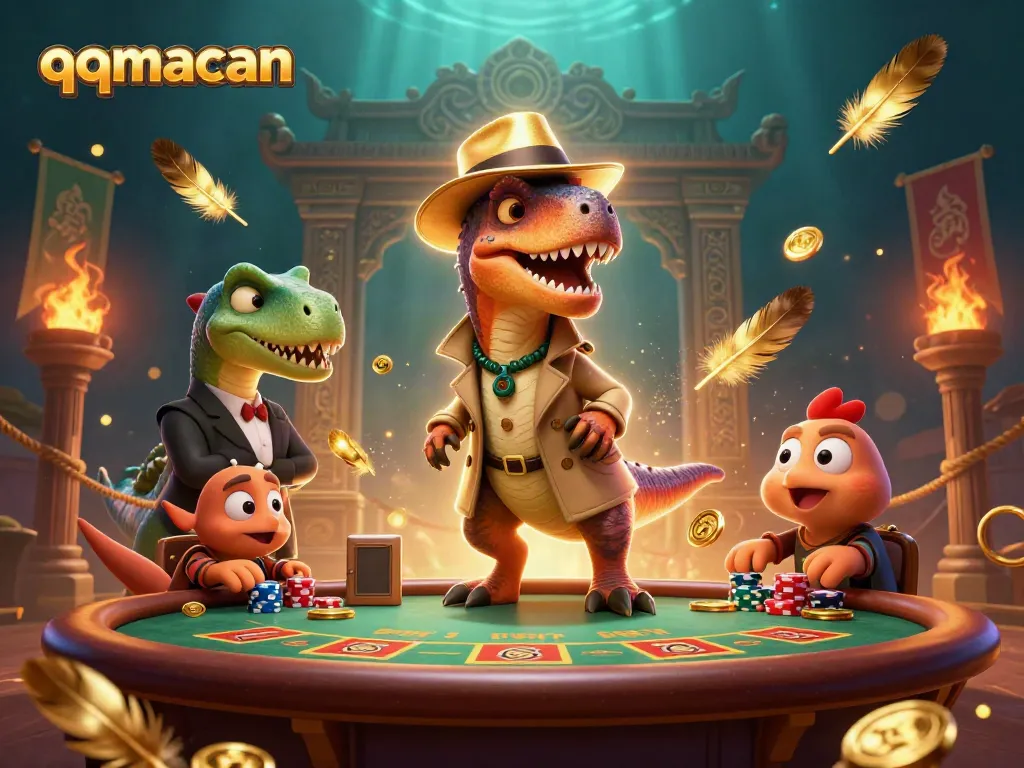 Engage with qqmacan's thrilling gaming experience featuring unique characters in a vibrant casino scene.