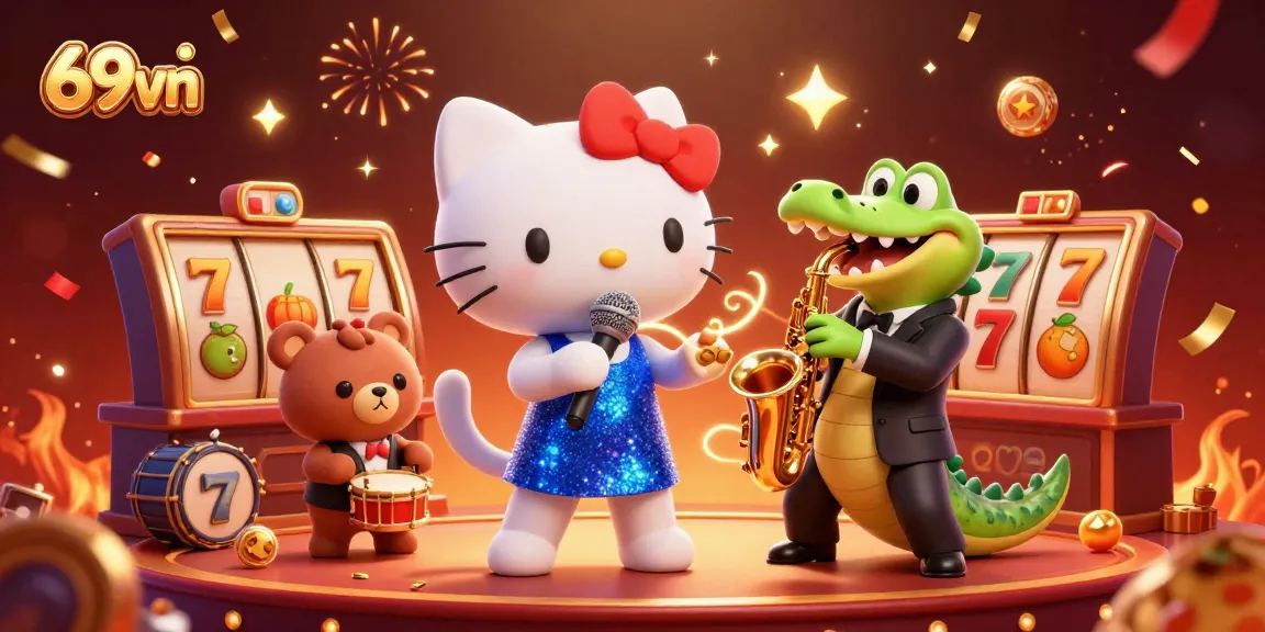 Experience 69vn's vibrant casino scene with a singing cat, crocodile saxophonist, and bear drummer.