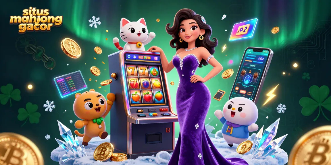 Win big at situs mahjong gacor with vibrant illustrations of slot machines, crypto coins, and lucky symbols.