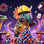 Gioca a poker online con soldi veri con un triceratopo, festeggiato da compys, tra gettoni e tavoli da poker.