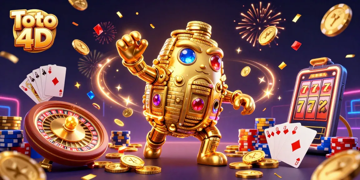 Experience the thrill with Toto 4D, featuring a golden golem with spinning slots and vibrant casino elements.