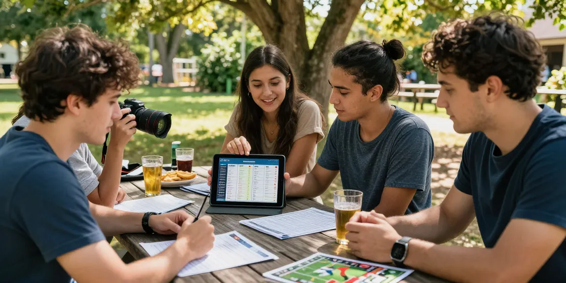 Friends analyzing betting odds at a picnic table amidst greenery for 토토사이트 safety.